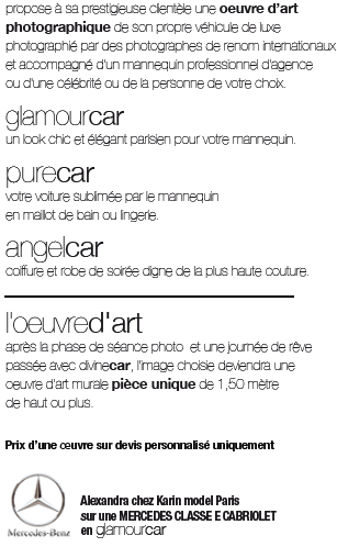 divinecar.com propose une idée originale le « photoshoot » de votre véhicule de luxe pour en faire une véritable oeuvre d'art photographique à exposer chez et pour soi.